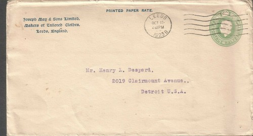 England 1923 cover josph - may, &